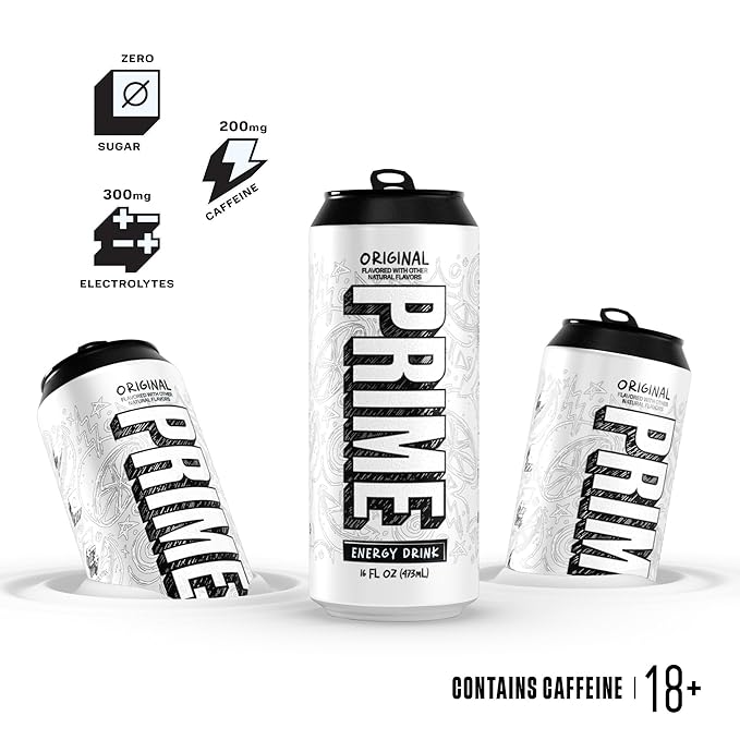 PRIME Energy ORIGINAL, Zero Sugar Energy Drink, 200mg Caffeine and 300mg of Electrolytes for Hydration, Vegan, Gluten Free,16 Fluid Ounce, 12 Pack