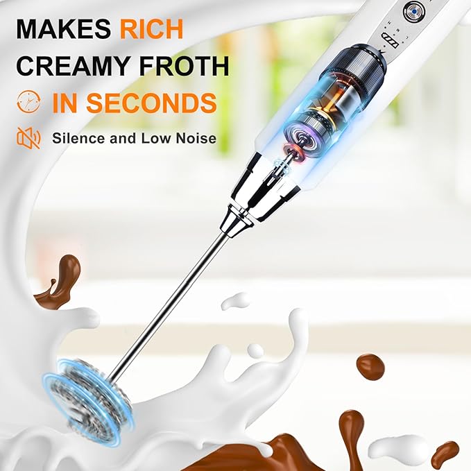 YUSWKO White Handheld Milk Frother Wand for Coffee, Rechargeable Electric Whisk with 3 Heads 3 Speeds Drink Mixer Coffee Frother For Latte, Cappuccino, Hot Chocolate, Egg