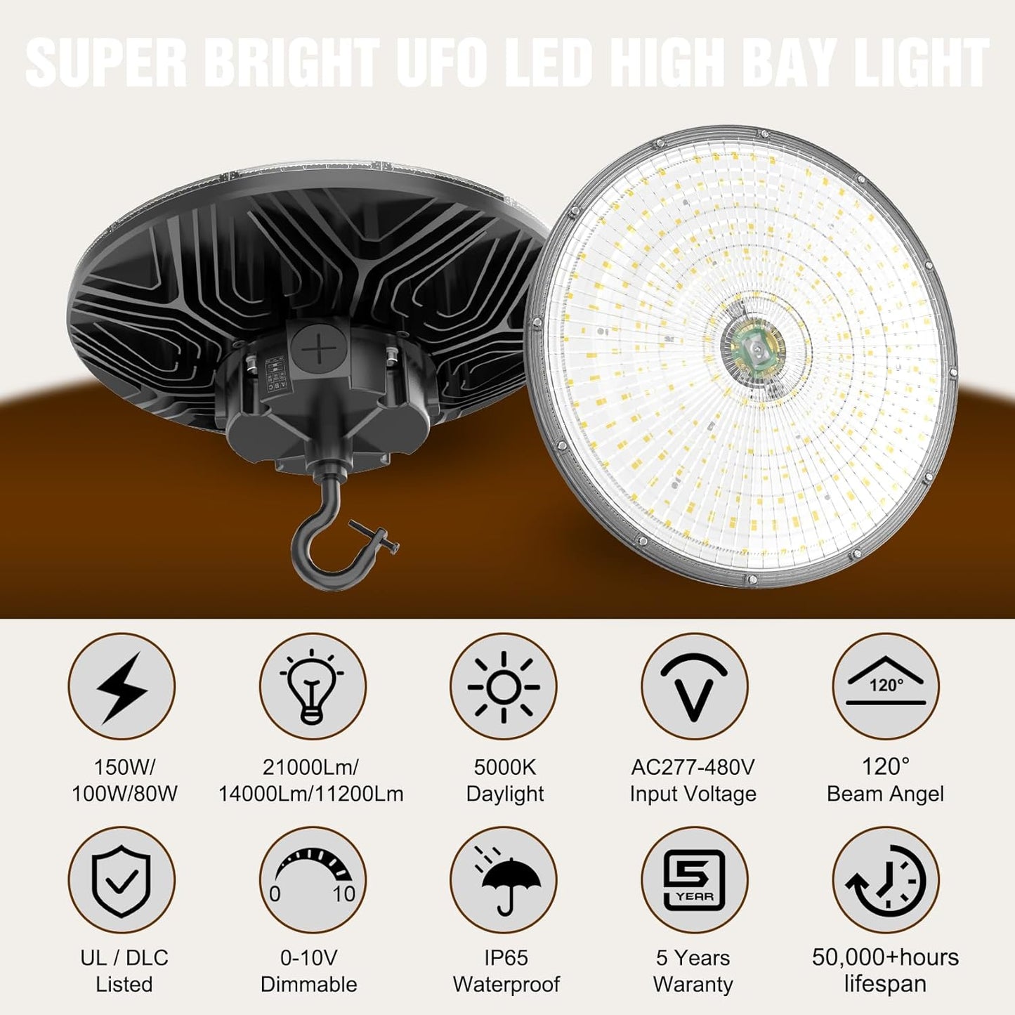 6 Pack 480V LED High Bay Light UL DLC Listed UFO Light 150W 100W 80W Adjustable, Dimmable High Bay LED Shop Lights 5000K Daylight, IP65 Commercial Bay Lighting for Warehouse Factory