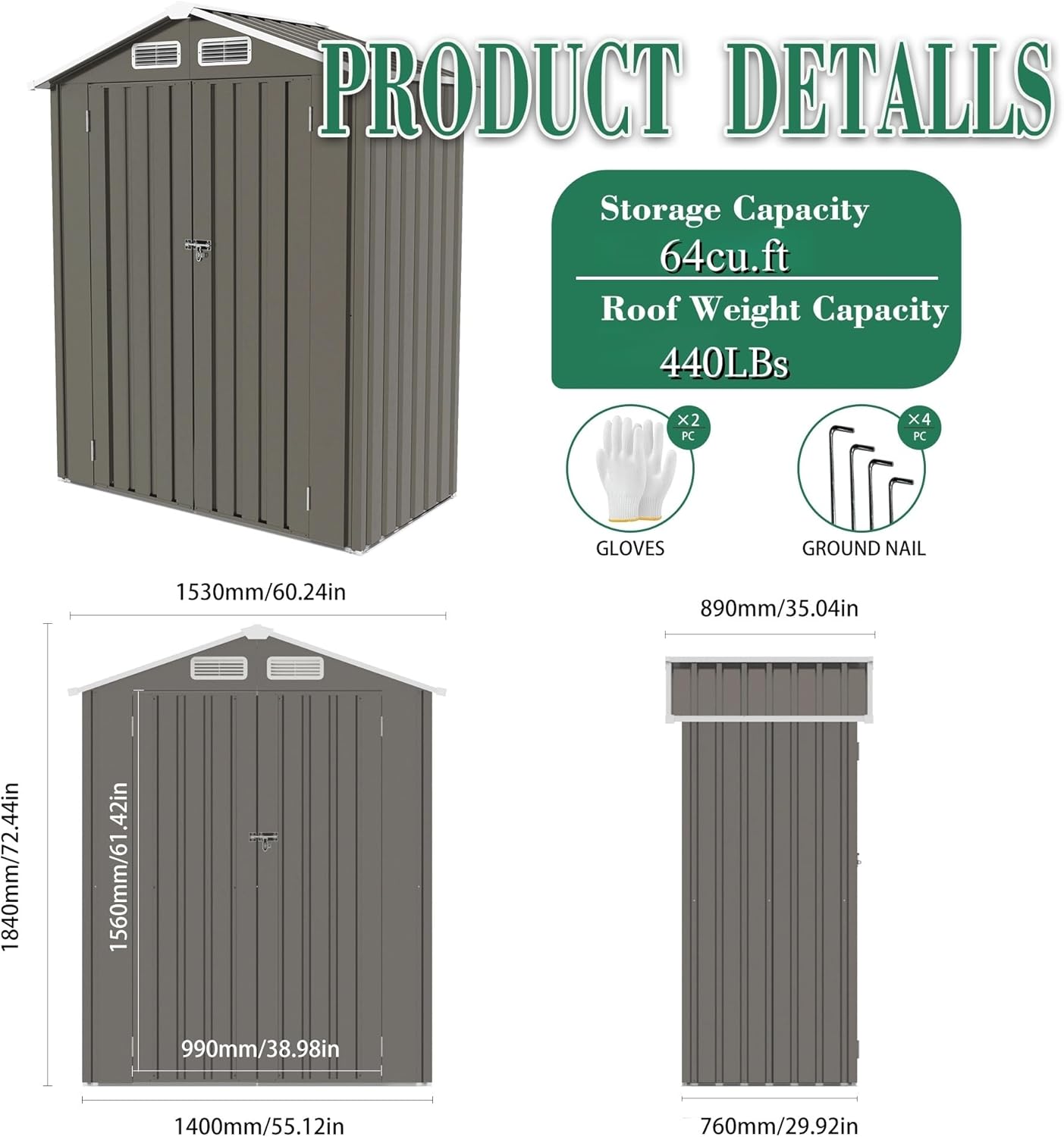 5x3x6FT Outdoor Storage Shed, Galvanized Steel Garden Shed with Lockable Door & Window, Waterproof Metal Tool Storage for Garden, Backyard, Patio, Lawn(Peak Roof)