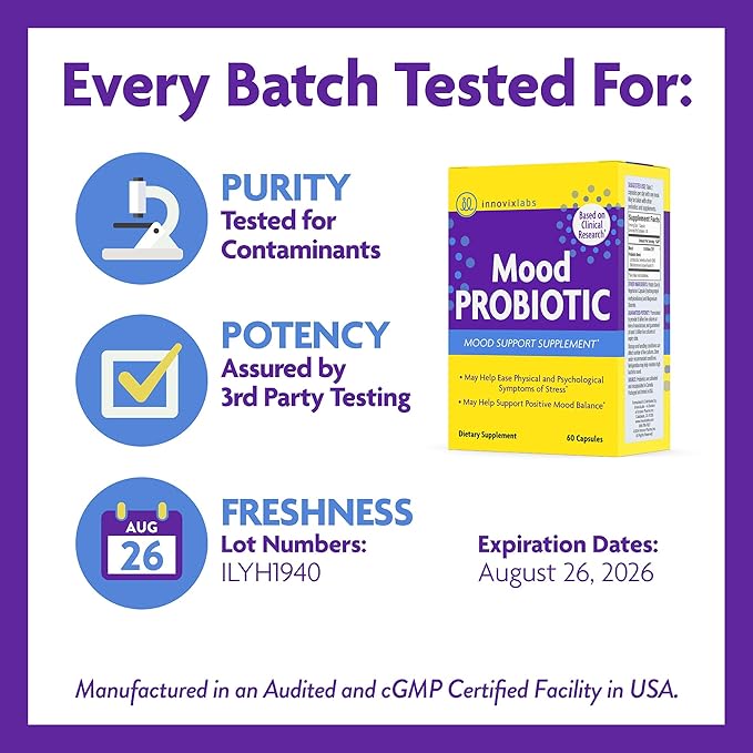 InnovixLabs Mood Probiotic for Women & Men, Clinically Studied Digestive & Mood Support Supplement, Lactobacillus helveticus Rosell-52ND & Bifidobacterium longum Rosell-175, 60 Capsules