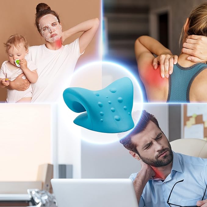 Neck Stretcher Cervical Traction, FSA HSA Eligible, Neck and Shoulder Relaxer for Pain Relief, Ergonomic Neck Pillow, Neck Hump Corrector, Cervical Spine Alignment, Neck Curve Corrector (Light Blue)