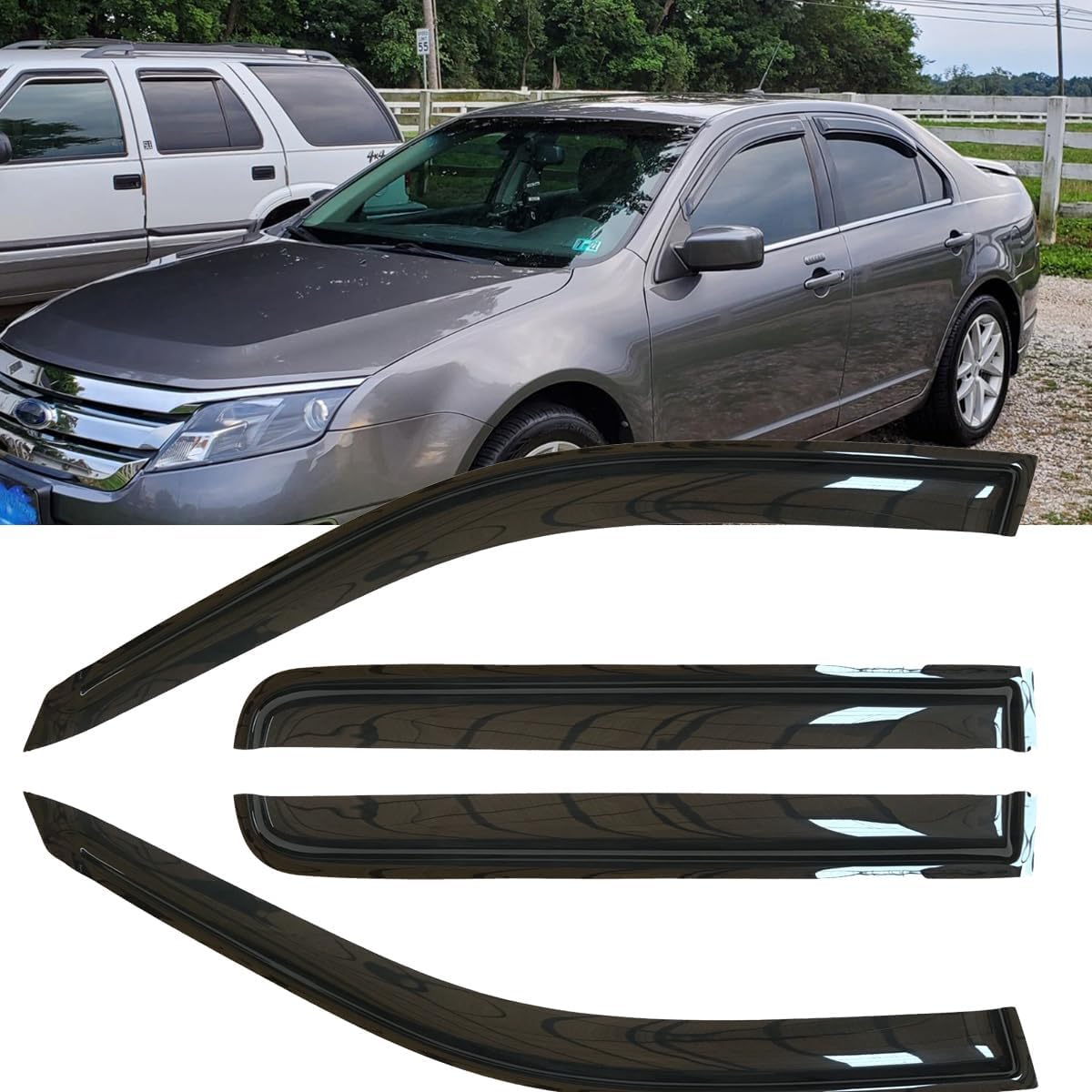 4pcs Shatterproof Outside Mount Style Sun Rain Guards Side Window Wind Deflectors Vent Window Visors for 06 Lincoln Zephyr 07-12 Lincoln MKZ 06-12 Fusion 06-11 Mercury Milan 94550