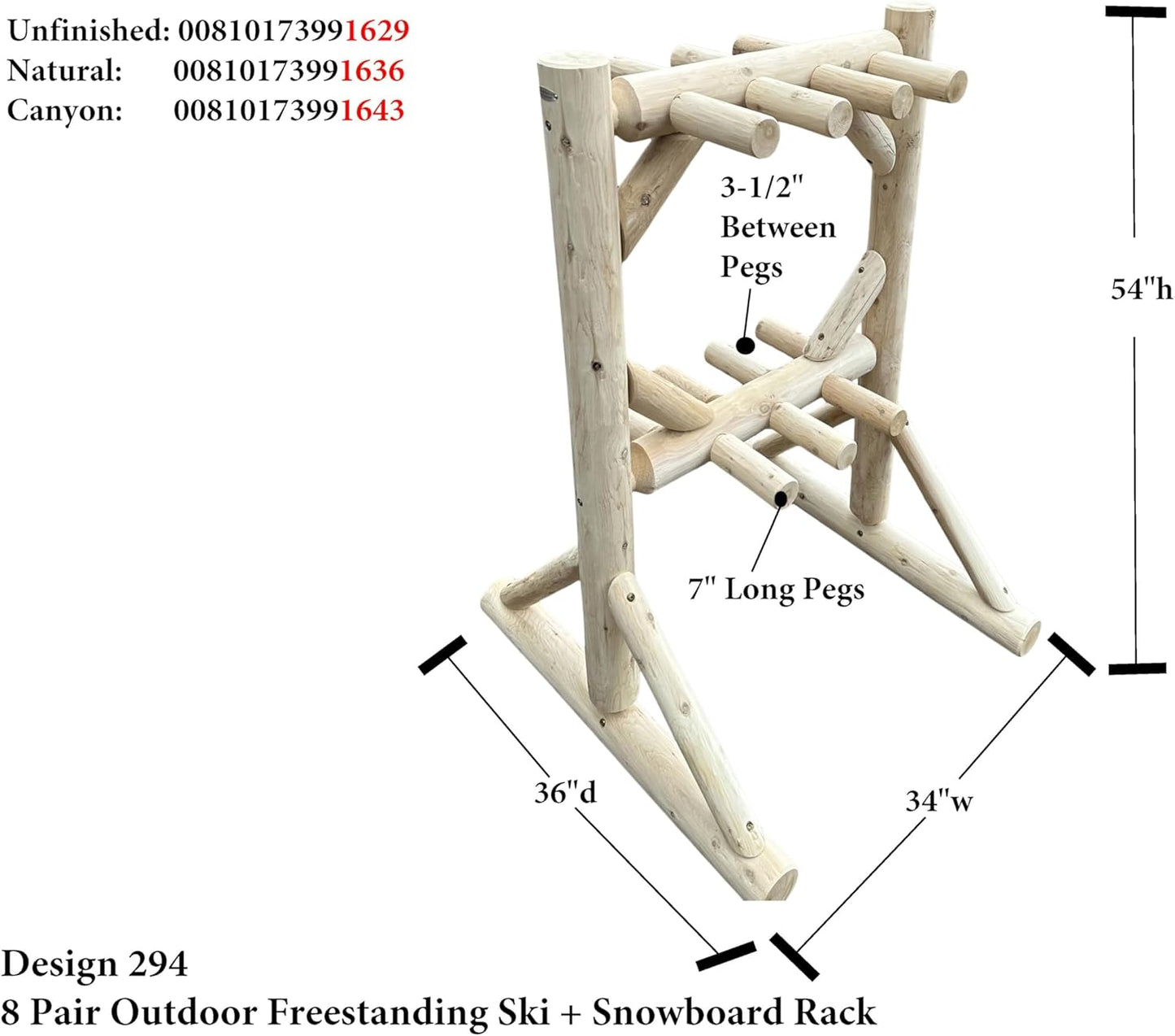 8-Place Freestanding Log Ski Rack Holder, Indoor & Outdoor Snowboard Racks, Standing Storage, Garage Racks for Snow Skis, Durable Snowboard Rack Garage Storage Organizer - Unfinished