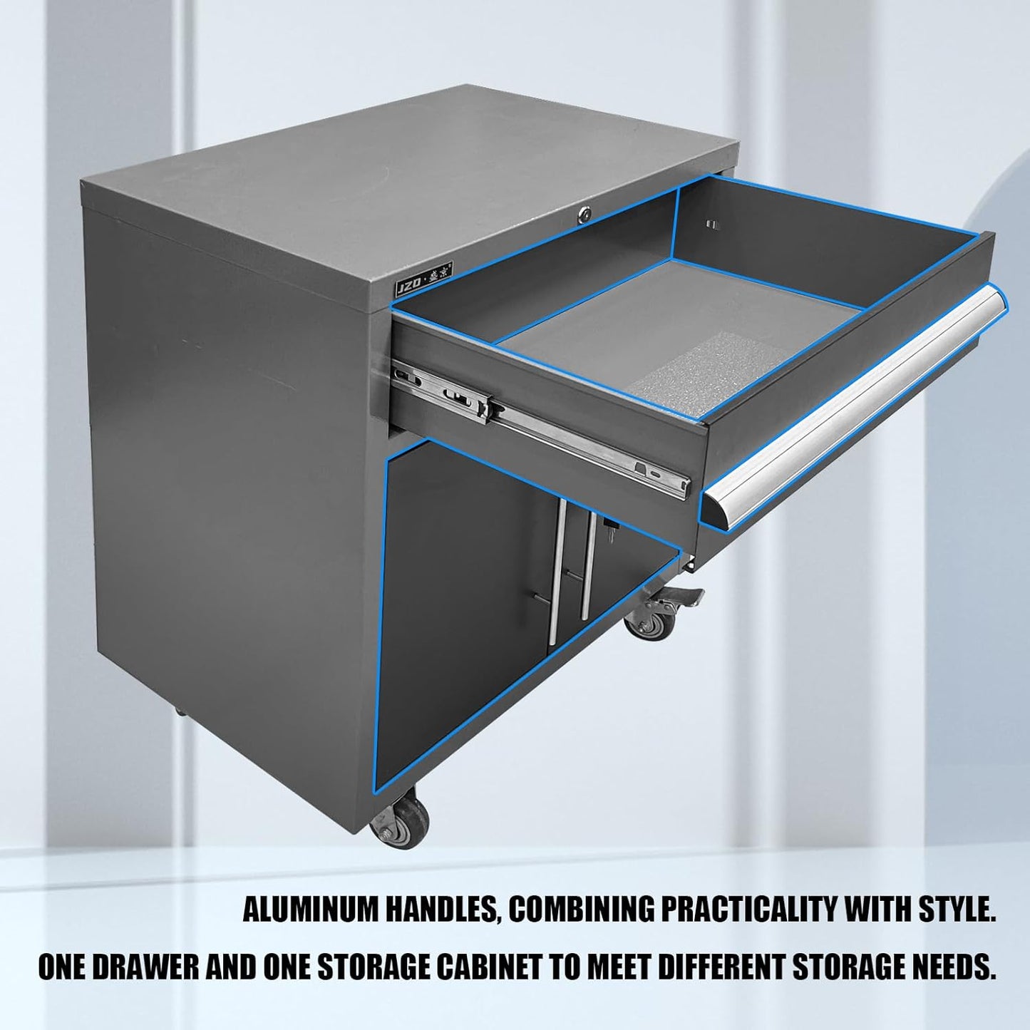 Garage Tool Storage Cabinet System with Wooden Tabletop, for Workshop Auto Repair Shop, No Wall Mounting Needed