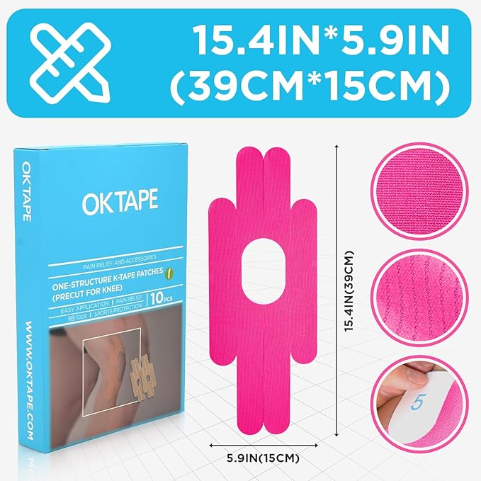OK TAPE One-Structure K-Tape Patches | Precut for Knee Kinesiology Tape | Pain Relief and Accessories | 10 Pcs and Pink