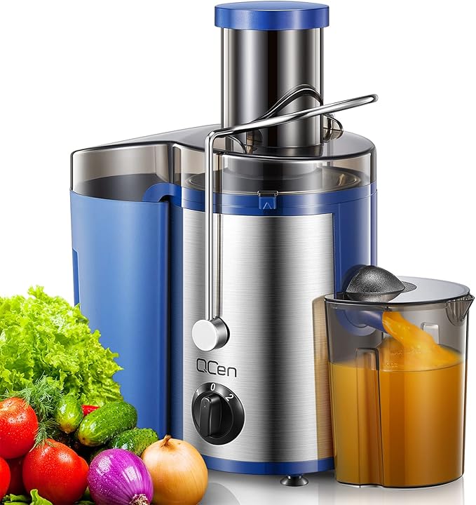 Qcen Juicer Machine, 500W Centrifugal Juicer Extractor with Wide Mouth 3” Feed Chute for Fruit Vegetable, Easy to Clean, Stainless Steel, BPA-free(Blue)