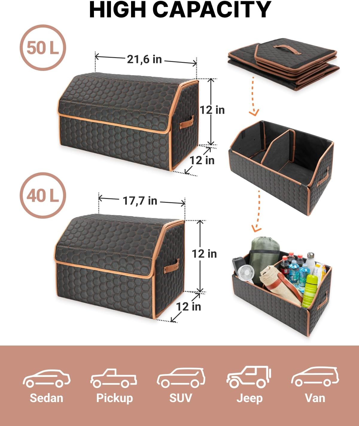 Car Organizers Set SUV Sedan Truck – Foldable Storage Boxes for Auto Accessories, Road Trips, Travel Essentials, Vehicle Organization, Great Gift for Men & Women Drivers – Hexy 17+21 Inch
