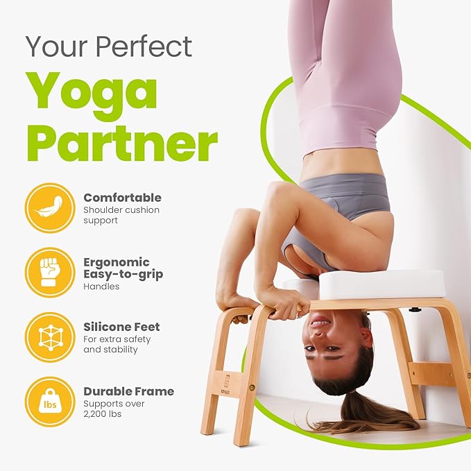 Yoga Headstand Bench, Stand Yoga Chair for Balance Training, Core Strength Building, Upside Down Chair for Relaxation, Handstand Trainer Inversion Chair for Home Gym (Wood White)