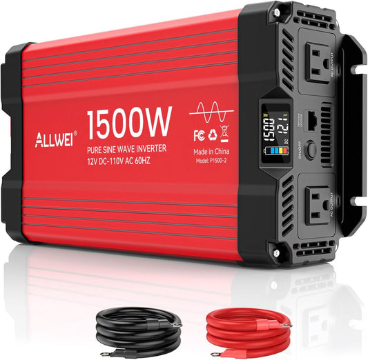 ALLWEI 1500W Pure Sine Wave Inverter 12V DC to 110V AC Converter, Surge 3000W | Power Inverters for Vehicles with 2 AC Outlets, RV Truck Boat Home Outdoor & Off-Grid Solar Inverter, Smart LCD Display