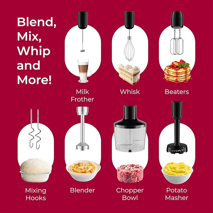 MuellerLiving Immersion Hand Blender Full Set - 8 Speed Immersion Blender, Hand Mixer with 7 Attachments: Stainless Steel Blade, Whisk, Milk Frother, Beater, Mixing Hooks, Potato Masher, Chopper Bowl