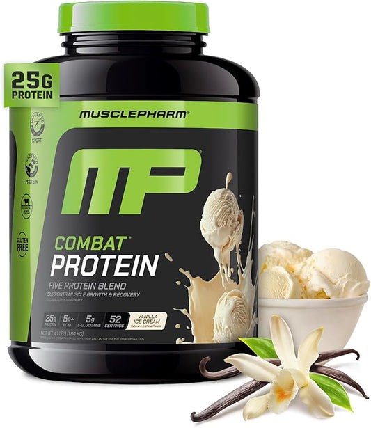 MusclePharm Combat Protein Powder, Vanilla Flavor, Fuels Muscles for Productive Workouts, 5 Protein Sources including Whey Protein Isolate & Egg Albumin, Gluten Free, 4 lb, 52 Servings