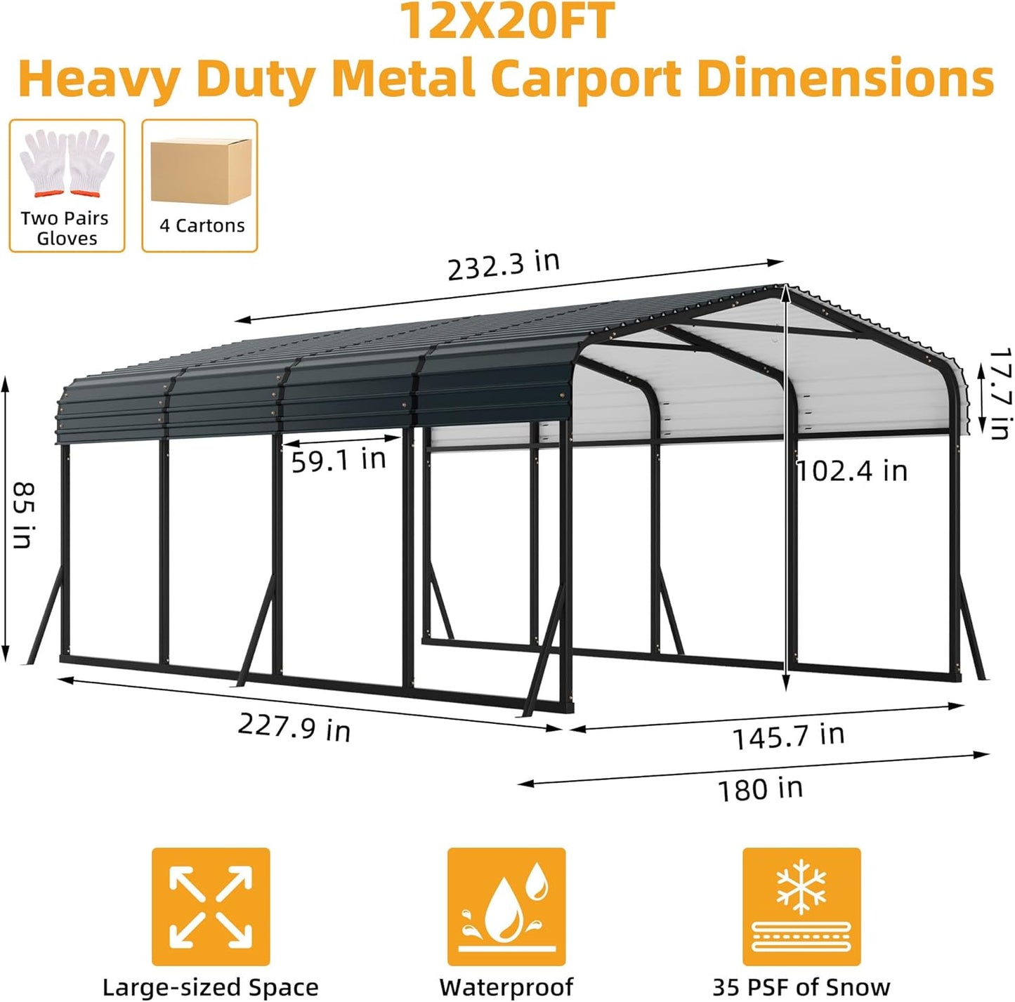 12' x 20' Heavy Duty Metal Carport with Galvanized Steel Roof, Metal Roof Carport with Enhanced Base, Tall Metal Carport Kits Garage for Tractors, Pickup, Boat, Car