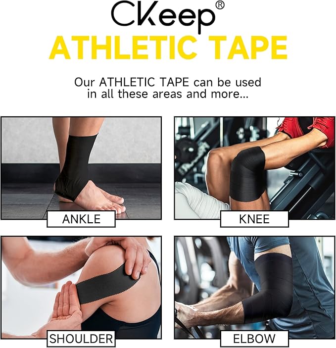 CKeep Athletic Tape, 4 Pack Black Sports Tape, Very Sturdy No Glue Residue, Wrist Ankle Tape for Muscle, Climbing, Boxing, Athletes, Baseball Bats, Strains, Sprains, Injuries（1.5 Inches）