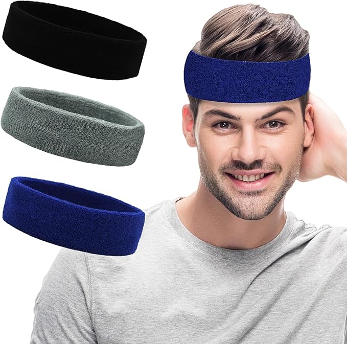 Sweatbands Sports Headbands for Men & Women - 3 Pack Moisture Wicking Cotton Headband for Tennis, Basketball, Running, Gym - Sweat Band