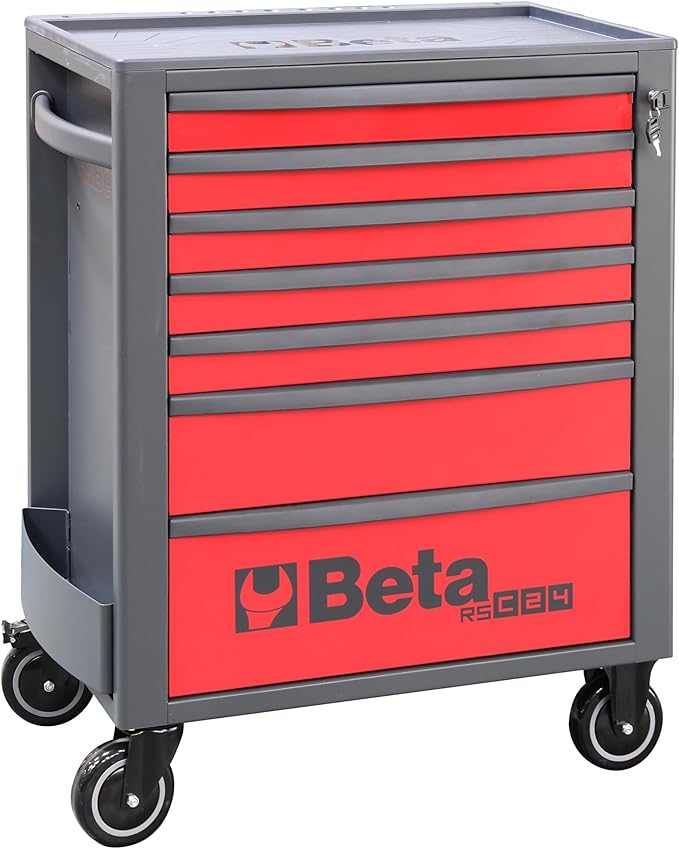 Beta RSC24 Heavy Duty Rolling Tool Cabinet, 7 Drawers, Red, Ball Bearing Slides, Rubber Mat Liners, 5" Casters, Anti-Fall Edge Worktop, 1760 lbs Load Capacity, Made in Italy