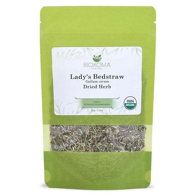 Biokoma Pure and Organic Lady's Bedstraw Dried Herb 50g (1.76oz) In Resealable Moisture Proof Pouch, USDA Certified Organic - Herbal Tea, No Additives, No Preservatives, No GMO, Kosher