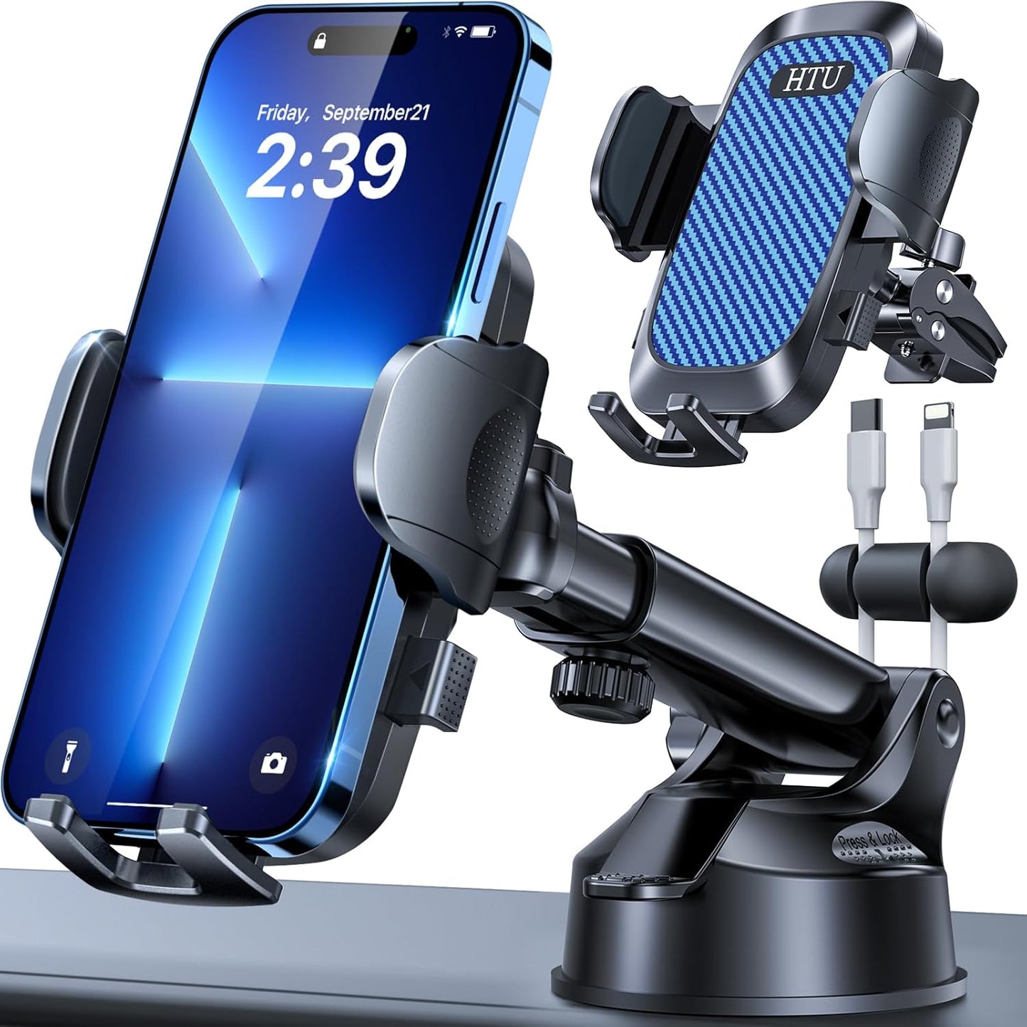 HTU 2025 Best Car Phone Holder 【Ultimate 5-in-1 & Upgraded 100+LBS Strongest Suction】【True Military-Grade & Safety Cert】 360° Windshield Dashboard Vent Mount Stand for iPhone Android & Truck, Blue