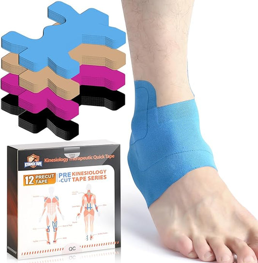 Kinesiology Tape for Ankle, KTQUICK 12 Count Ankle Tape Precut, Original Cotton Waterproof & Breathable, Enhance Elastic Kinesiology Athletic Tape for Ankle Support and Muscle to More Sports