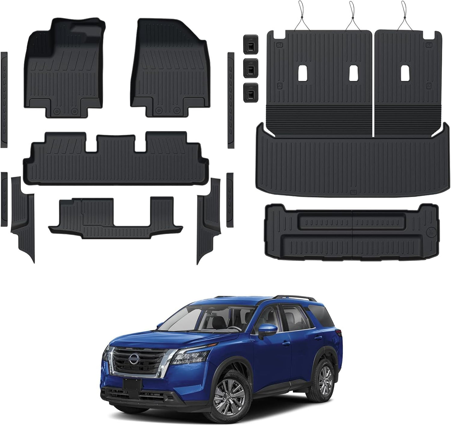 Floor Mats Set for 2022-2025 Nissan Pathfinder 7/8 Seats Accessories, Full Coverage All Weather Floor Mats Cargo Mat with Backrest Protectors - Includes Trunk Lower Mat & Door Sill Guards