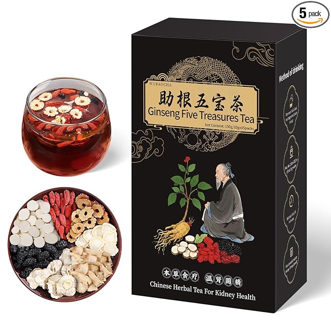 Ginseng Five Treasures Kidney Tea - Chinese Six Treasure Organic Cleanse Detox Tea for Women and Men's Health - 7 Precious Ingredients Formula (15 Bags/1 Boxes)