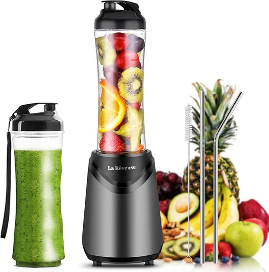 La Reveuse Smoothie Blender Personal Size 300 Watts with 2 Pieces 18 oz BPA-Free Travel Sports Bottles,Grey