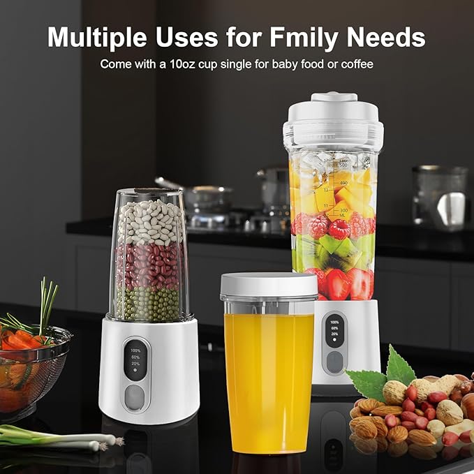 Portable Blender for Smoothies and Shakes, 2 Portable Blender Cups, 17 &10 oz Cordless Personal Small Blender with Straw Brush&Lid, USB-C Rechargeable, Quiet Mini Travel Blender, White