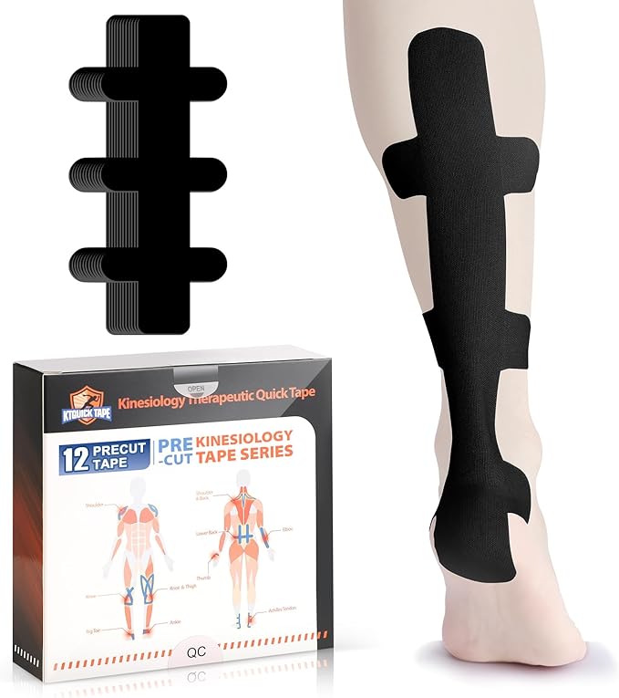 Kinesiology Tape for Achilles Tendon, KTQUICK 12 Count Achilles Tendon Tape Precut, Original Cotton Waterproof&Breathable, Enhance Elastic Kinesiology Athletic Tape for Achilles&Muscle Support(Black)