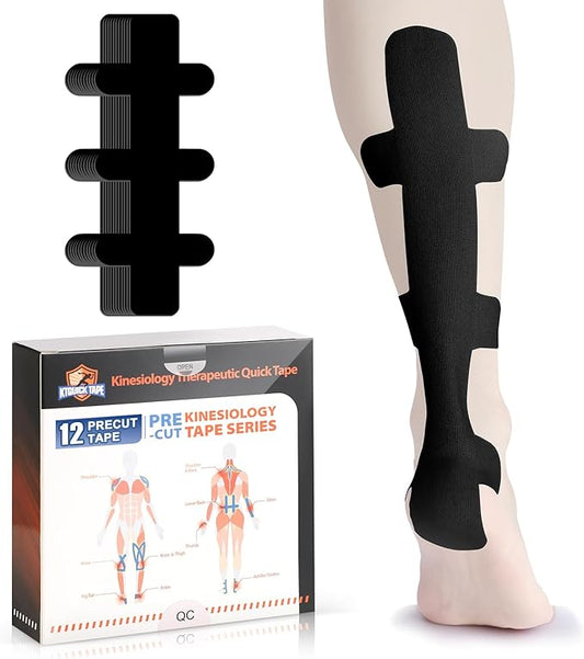 Kinesiology Tape for Achilles Tendon, KTQUICK 12 Count Achilles Tendon Tape Precut, Original Cotton Waterproof&Breathable, Enhance Elastic Kinesiology Athletic Tape for Achilles&Muscle Support(Black)