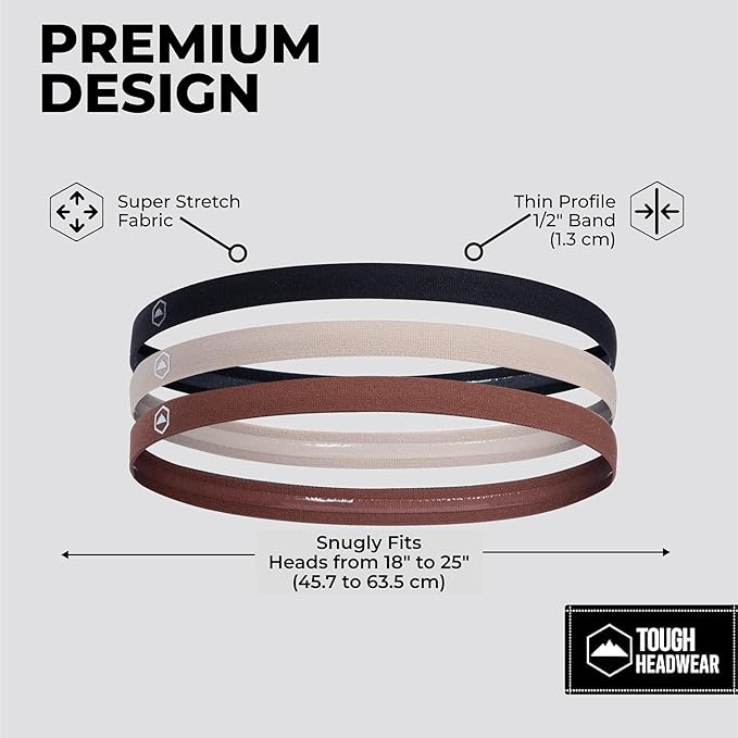 Tough Headwear Thin Elastic Headbands, Sports Headbands for Women & Men - Mens Workout Headband - Running or Soccer Headband - 3-Pack