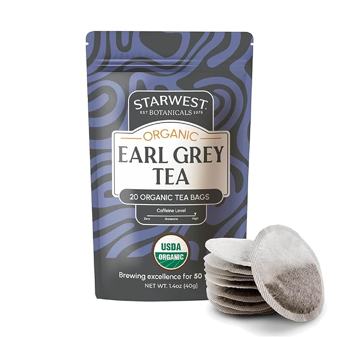 Starwest Botanicals Organic Earl Grey Tea - Caffeinated Herbal Blend with Black Tea & Bergamot, Enjoy Hot or Cold, String Free Sachets, USDA Organic, Non GMO - 20 Tea Bags