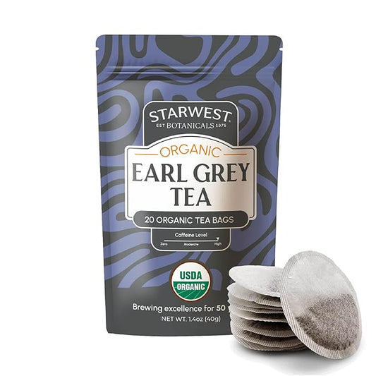 Starwest Botanicals Organic Earl Grey Tea - Caffeinated Herbal Blend with Black Tea & Bergamot, Enjoy Hot or Cold, String Free Sachets, USDA Organic, Non GMO - 20 Tea Bags
