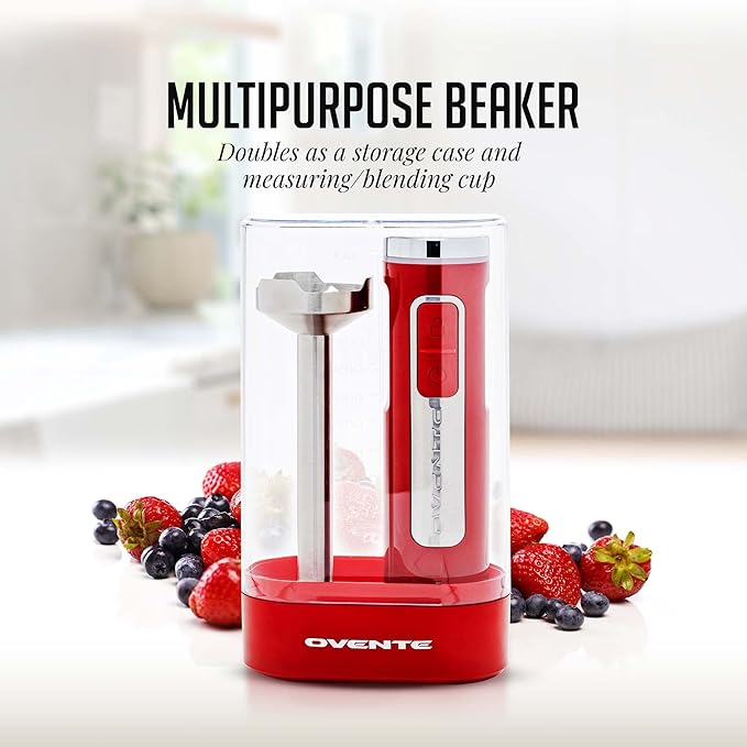 OVENTE Cordless Immersion Hand Blender, Rechargeable Handheld Portable Stick Mixer with 8 Mixing Speed Option, One-Touch Control and Stainless Steel Blades for Smoothies, Shakes or Soups, Red HR781R