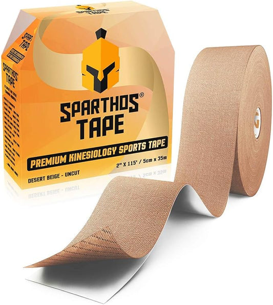 Sparthos Kinesiology Tape - Bulk Large Jumbo - Free Kinesio Taping Guide! - Support for Pro Athletic Sports and Recovery - Rocktape Waterproof Tex Rock Gold Tapes - Uncut 115 ft Roll (Beige)