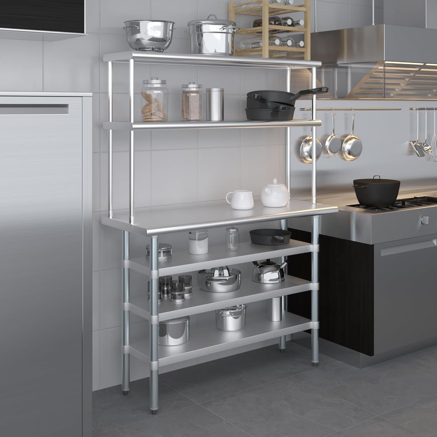 Amgood 18" x 48" Stainless Steel Work Table with 3 Shelves and 12" Wide Double Tier Overshelf | Metal Kitchen Prep Table & Shelving Combo | NSF