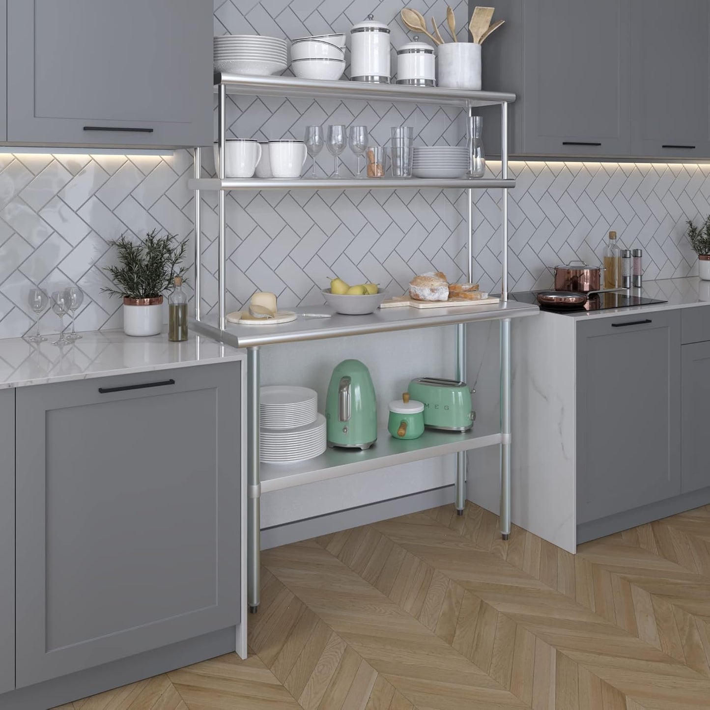 Amgood Stainless Steel Work Table Double Tier Overshelf 18" x 48" Work Table + 12" Overshelf