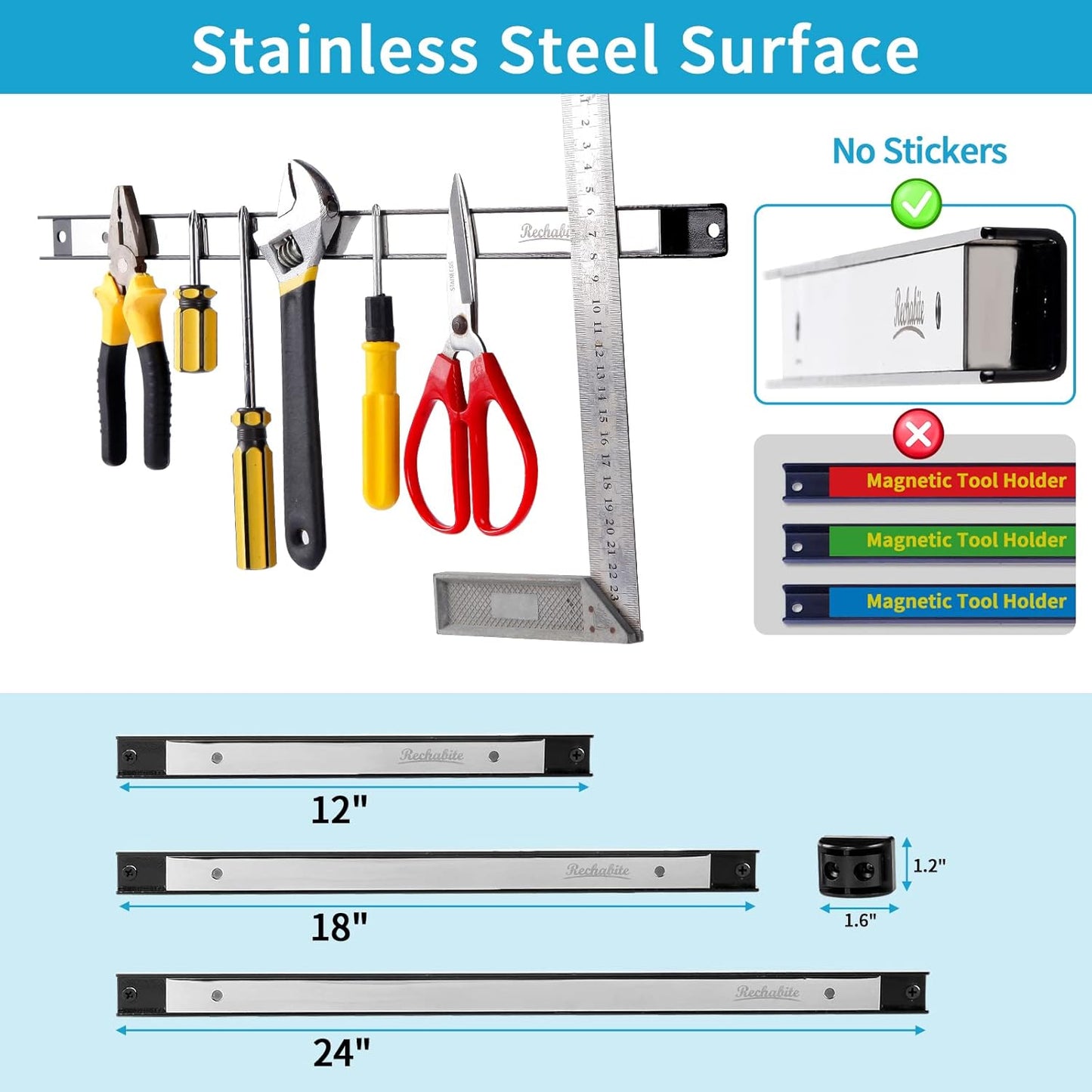 12" 18" 24" Magnetic Tool Holder Strip, Stainless Steel Surface Tool Magnet Bar, Metal Tool Organizer Rack for Garage Organization, Easy To Install in Workshop, Mounting Screws Included