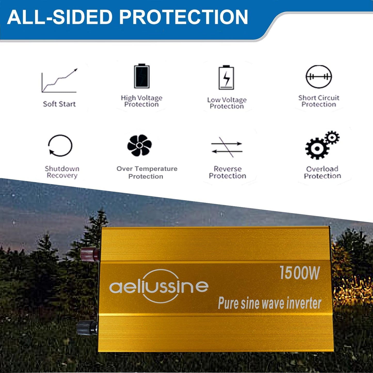 1500W Pure Sine Wave Inverter-48V DC to 110V 120V AC Power Converter with 2 AC Outlets, 48 Volt Power Inverter for Truck, Rv, Camping, Home, Emergency Power