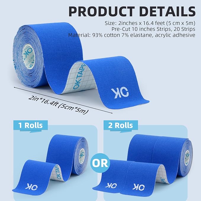 OK TAPE Kinesiology Tape 10 inches Precut, 20 Strips, Cotton Elastic Athletic Tape Latex Free, 2in x 16ft, Light Blue