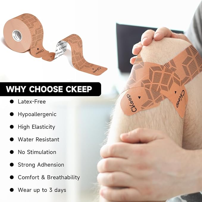 CKeep 4 Rolls Kinesiology Tape, Original Cotton Elastic Athletic Tape, 20 CT 10" Precut Strips Each, Waterproof Tape for Muscle Strain Relief and Joint Support, Beige