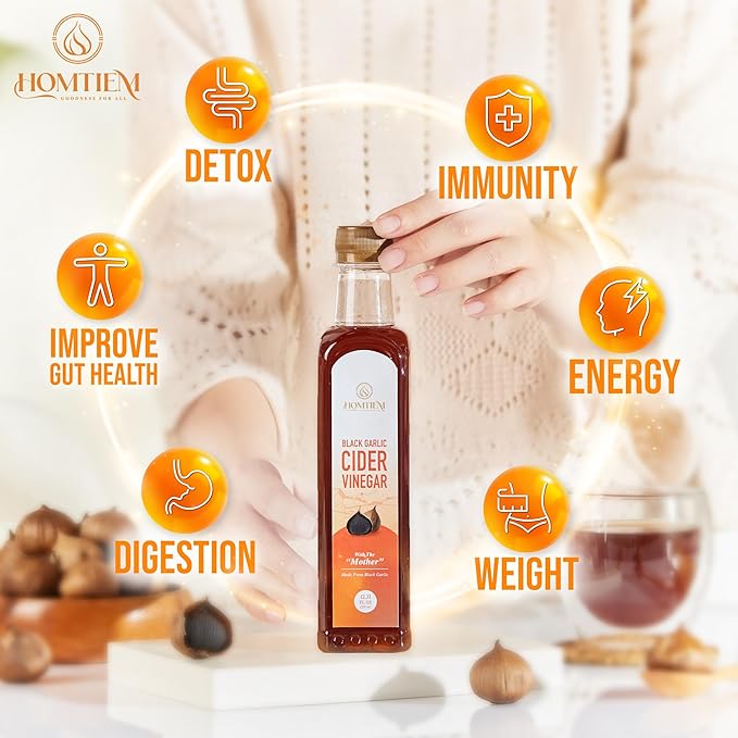 Homtiem Black Garlic Cider Vinegar – Naturally Fermented Vinegar Made with Black Garlic and Cider Vinegar, Gluten Free, Rich in Health Benefits, Ideal for Salad Dressings, Sauces, Drinks, and Healthy Recipes (350ml)