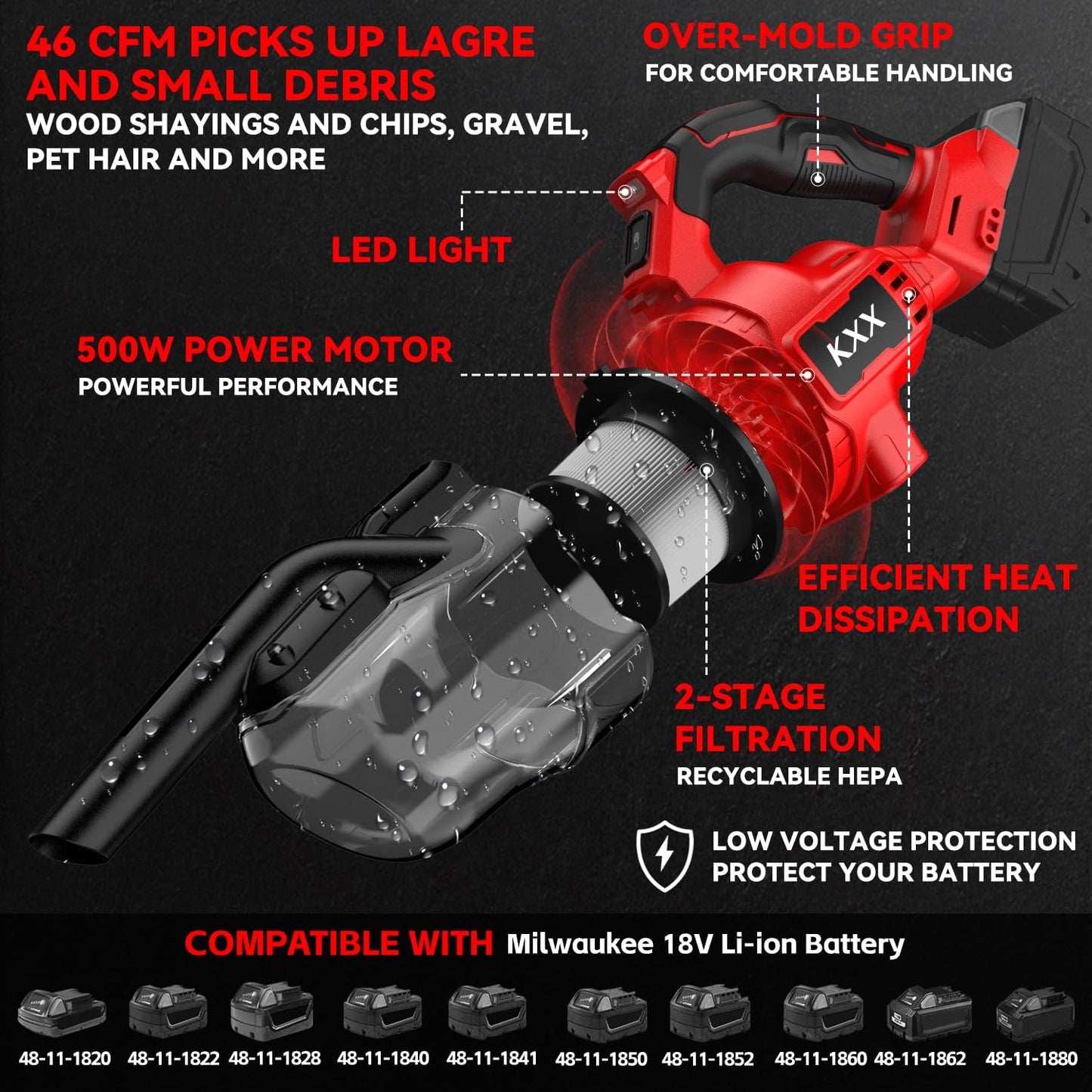 KXX Cordless Vacuum for Milwaukee M18 Battery, 5 in 1 Handheld Electric Vacuum Cleaner with 500W Powerful Motor, 46 CFM Portable Hand Vacuum with Filtration HEPA for Floor, Carpet, Car (Tool Only)
