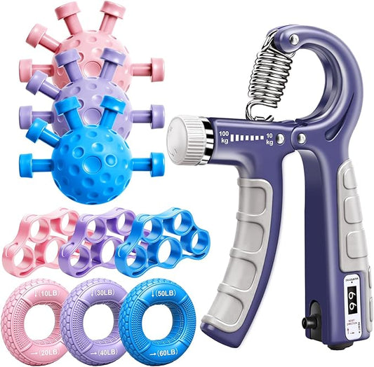 Grip Strength Trainer Kit, Adjustable Forearm Strengthener, Hand Grip Strengthener Balls, Finger Exerciser & Stretcher for Strength Training, Recovery & Flexibility