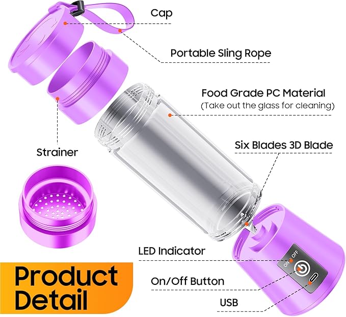 Portable Personal Size Mini Blender - 2025 Upgraded Cordless Blender for Smoothies & Shakes, Type-C Rechargeable, 380Ml Traveling BAP Free Juicer Cup for Sports/Travel/Home, 20000Rpm/Min Speed