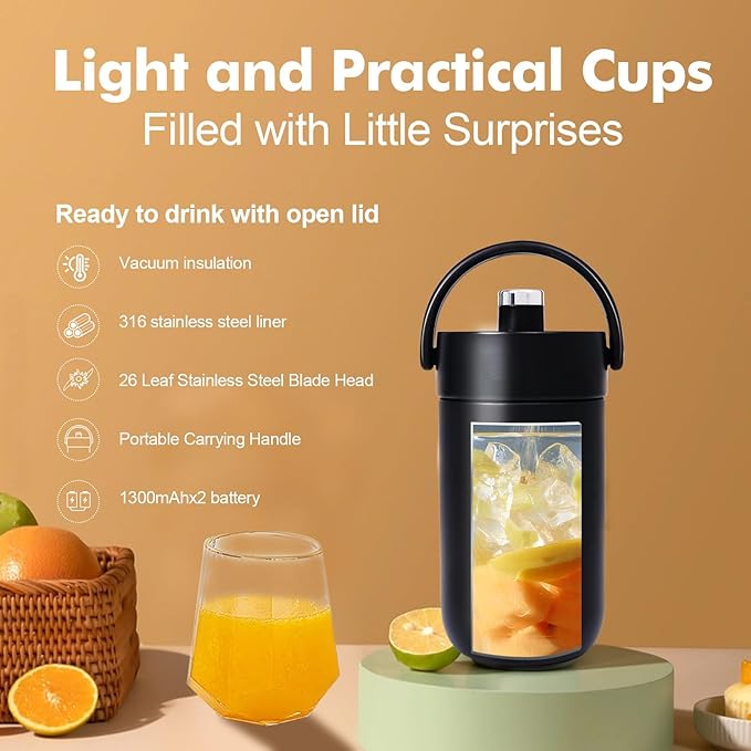 Portable Blender for Smoothies, Travel Blender, Cordless, with Insulated Cup