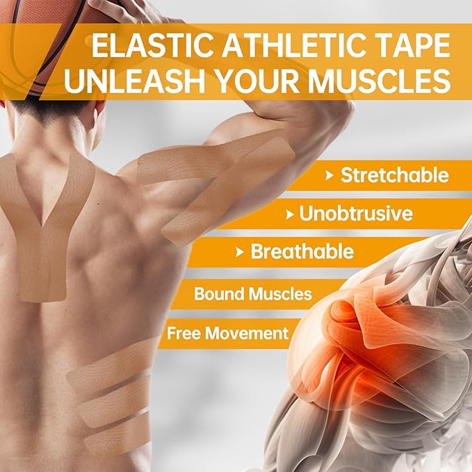 Dimora Uncut Kinesiology Tape, Original Cotton, 16' Elastic Athletic Tape for Muscle Pain Relief and Joint Support, 4 Rolls, Beige