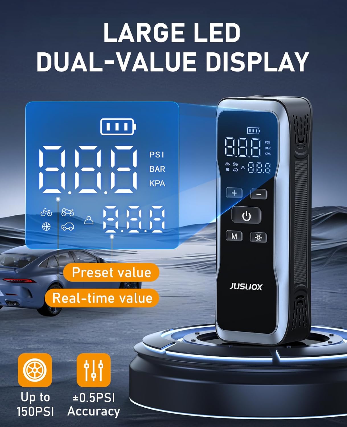 Tire Inflator Portable Air Compressor, Air Pump for Car Tires 150PSI Cordless with Battery and 12V DC, Electric Bike Pump with Pressure Gauge, Auto Shutoff, for Ball, Motorcycle Accessories