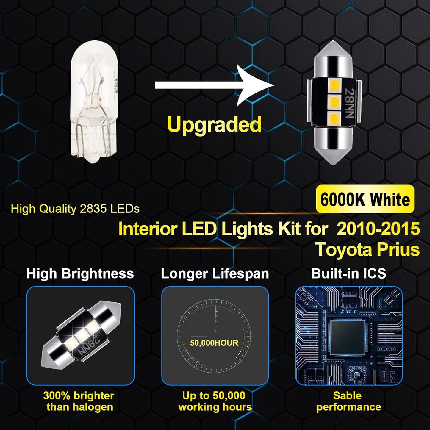 EASY EAGLE LED Interior Car Lights for Toyota-Prius-2010-2015: 10 Piece Kit White LED Light Bulbs - Super Bright 6000K + Install Tool