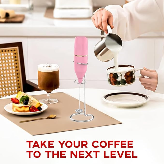 Handheld Milk Frother 14,000 RPM Drink Mixer Wand with Stand & Stirring Spoon Quiet One-Button Operation, Non-Slip Handle, Detachable Whisk Head for Coffee, Lattes, Cappuccinos, Matcha (Pink)