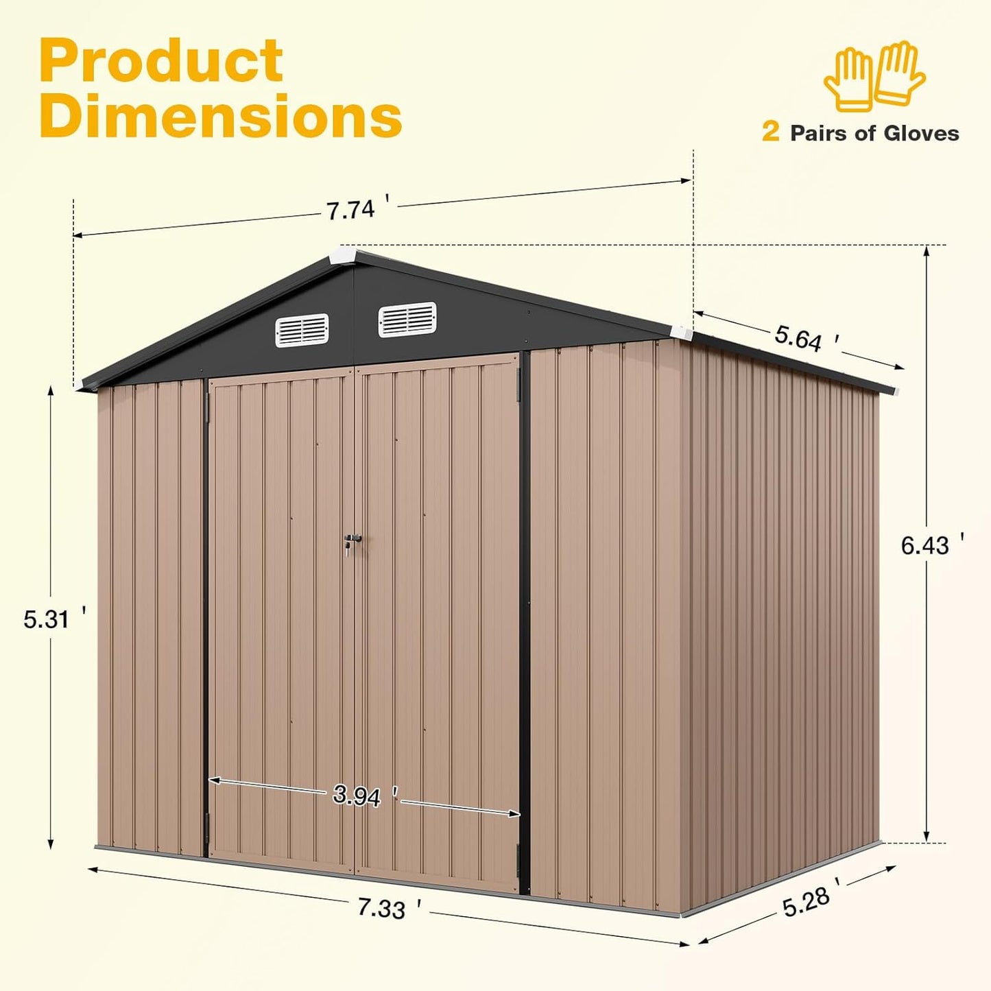 8x6 FT Outdoor Storage Shed with Floor & Lockable Double Doors, Heavy-Duty Galvanized Steel Outdoor Metal Shed for Bike, Tool, Generator Storage in Backyard, Patio (8’x6’, Floor)